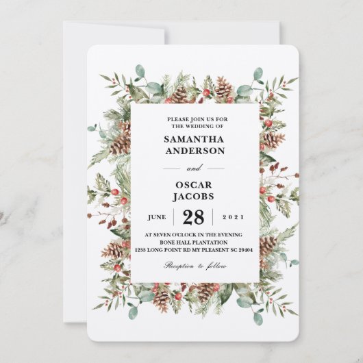 Kraft Winter Green Pine Cone Frame Einladung (Vorderseite)