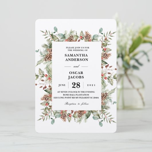 Kraft Winter Green Pine Cone Frame Einladung (Stehend Vorderseite)