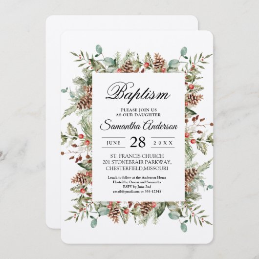 Kraft Winter Green Pine Cone Frame Einladung (Vorne/Hinten)