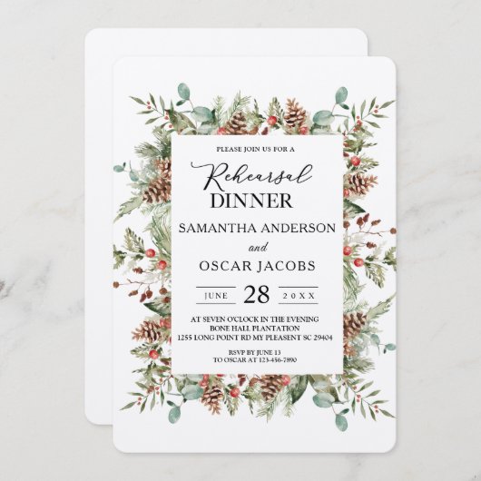 Kraft Winter Green Pine Cone Frame Einladung (Vorne/Hinten)