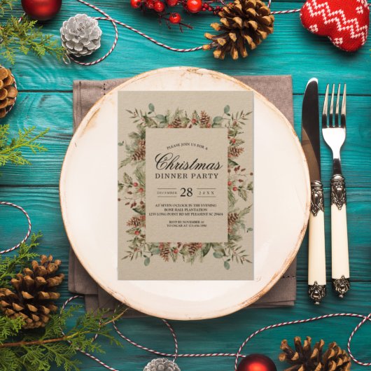 Kraft Winter Green Pine Cone Frame Einladung