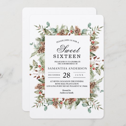 Kraft Winter Green Pine Cone Frame Einladung (Vorne/Hinten)