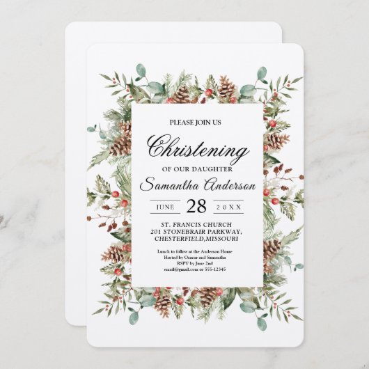 Kraft Winter Green Pine Cone Frame Einladung (Vorne/Hinten)