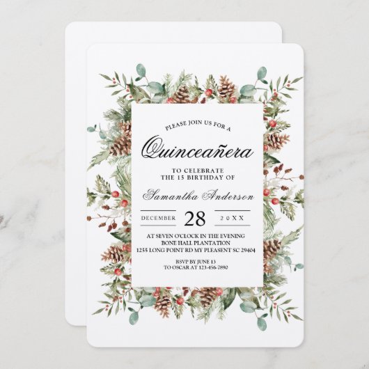 Kraft Winter Green Pine Cone Frame Einladung (Vorne/Hinten)