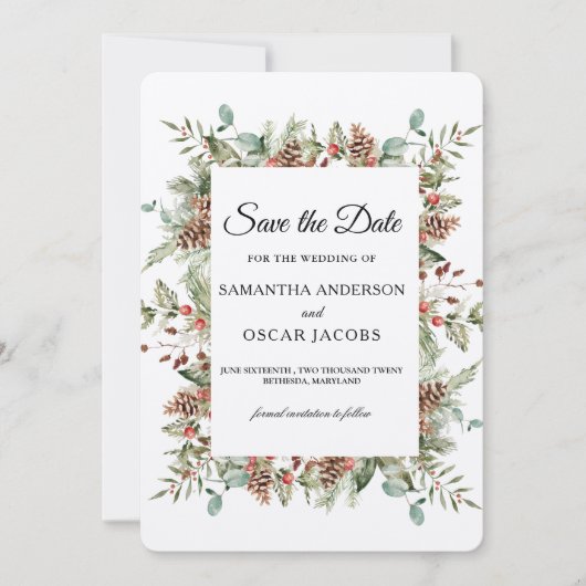 Kraft Winter Green Pine Cone Frame Save The Date (Vorderseite)