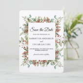 Kraft Winter Green Pine Cone Frame Save The Date (Stehend Vorderseite)