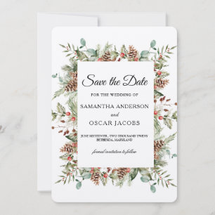 Kraft Winter Grün Kiefernzapfen Rahmen Save The Date