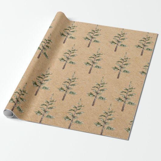 Kraft Winter Pine Green Watercolor Tree Geschenkpapier (Ungerollt)