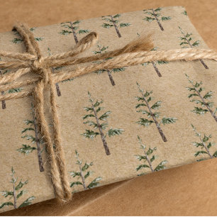 Kraft Winter Pine Green Watercolor Tree Geschenkpapier