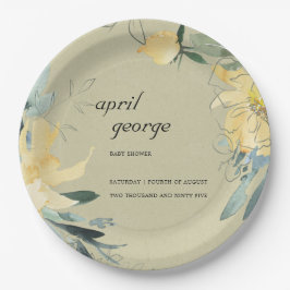 KRAFT YELLOW GREEN FLORAL WATECOLOR BABY DUSCHE PAPPTELLER