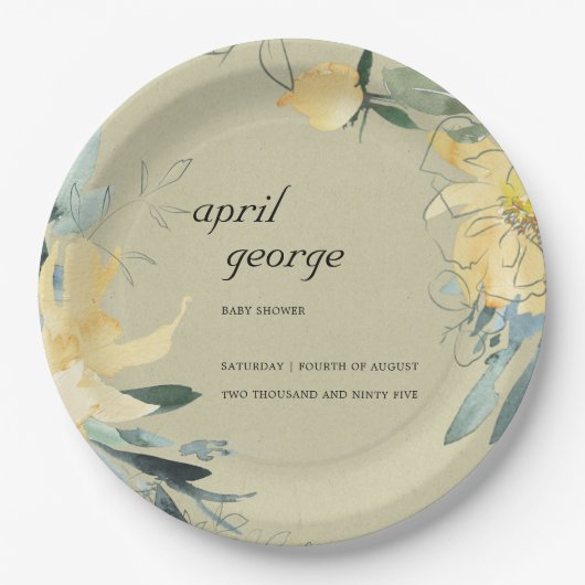 KRAFT YELLOW GREEN FLORAL WATECOLOR BABY DUSCHE PAPPTELLER (Vorderseite)