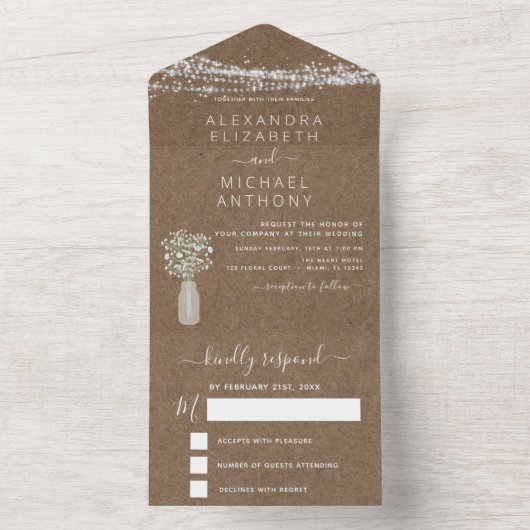 Kraftpapier String Lights Gipskraut Wedding All In One Einladung (Innen Boden)