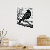 Krähe auf kahlen Winterzweigen sitzend Poster (Küche)