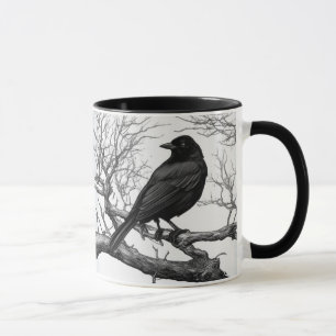 Krähe auf kahlen Winterzweigen sitzend Tasse