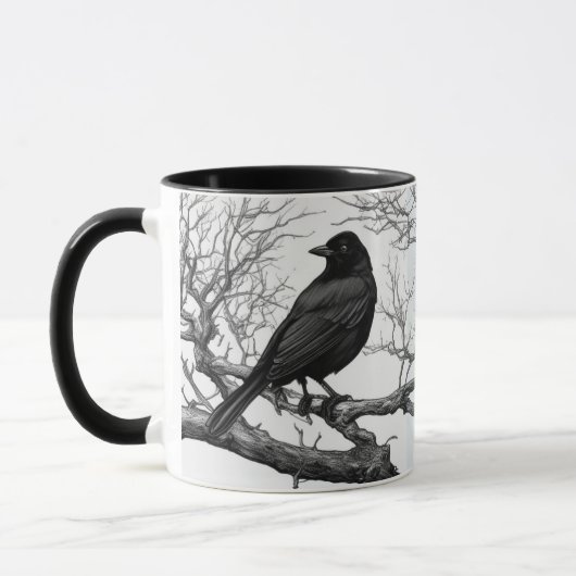 Krähe auf kahlen Winterzweigen sitzend Tasse (Links)