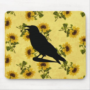Krähe auf Sonnenblumen Mousepad