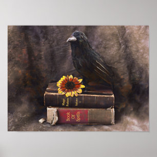Krähe Gothic Vintage Alte Bücher Sonnenblume Flora Poster