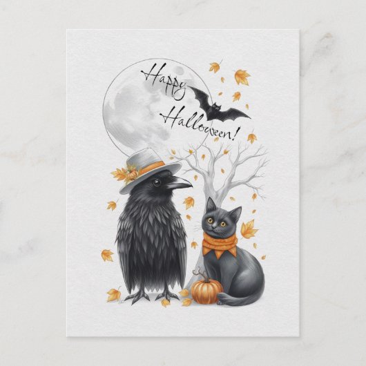 Krähe & Katze Herbst Halloween Karte Postkarte (Vorderseite)