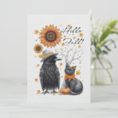 Krähe & Katze Herbst Thanksgiving Karte Grußkarte (Stehend Vorderseite)