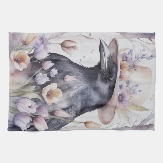 Krähe Rabe Crow mit Hut und Blumen Watercolor Geschirrtuch (Horizontal)