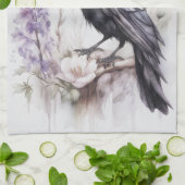 Krähe Rabe Crow mit Hut und Blumen Watercolor Geschirrtuch (Gefaltet)