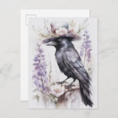 Krähe Rabe Crow mit Hut und Blumen Watercolor Postkarte (Vorne/Hinten)