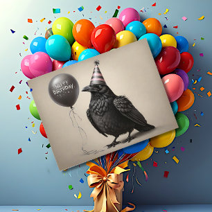 Krähe starrt auf 'Happy Birthday'-Ballon Kohlezeic Postkarte