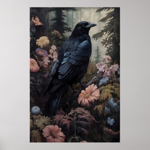 Krähe und Blumen Vintage Poster, Dark Academia Poster