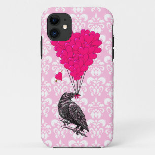 Krähe und Herz auf rosa Damast Case-Mate iPhone Hülle
