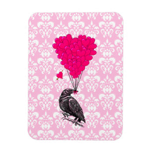Krähe und Herz auf rosa Damast Magnet