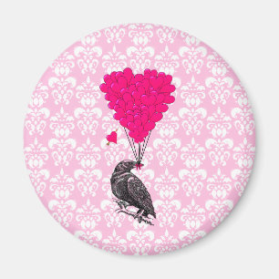 Krähe und Herz auf rosa Damast Magnet