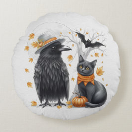 Krähe und Katze Halloween Herbst Crow Rundes Kissen