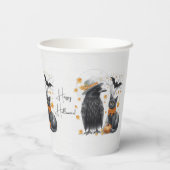 Krähe und Katze „Happy Halloween!“ Crow  Pappbecher (Rückseite)