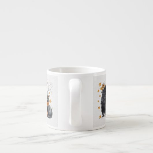 Krähe und Katze im Herbst „Hello Fall“ Crow Espressotasse (Rückseite)