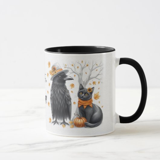 Krähe und Katze im Herbst „Hello Fall“ Crow Tasse (Rechts)