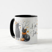 Krähe und Katze im Herbst „Hello Fall“ Crow Tasse (Vorderseite Links)