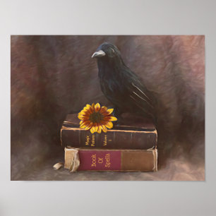 Krähe Vintage-Gotik Alte Bücher Sonnenblumen-Kunst Poster