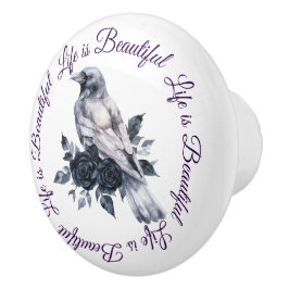 Krähe Vogel Schwarze Rosen Schrift Natur Keramikknauf