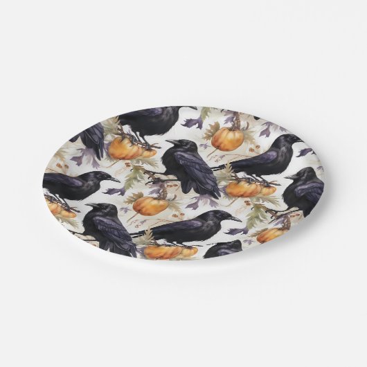Krähen auf Pumpkin Halloween Pappteller (Schrägansicht)