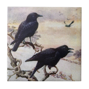 Krähen im Winter Vintage-Illustration Fliese