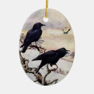 Krähen im Winter Vintage-Illustration Keramik Ornament