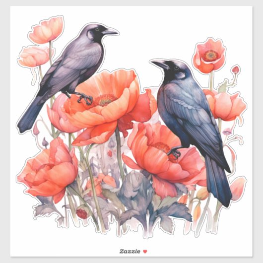 Krähen mit Mohnaufkleber Aufkleber (Blatt)