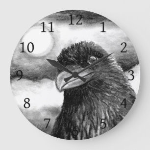 Krähen-Raben-Mond des Vogel-64 Schwarz-weiß Große Wanduhr