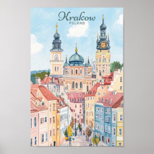 Krakau Polen Gouache Paint Illustration Travel Poster