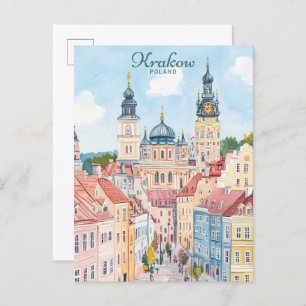 Krakau Polen Gouache Paint Illustration Travel Postkarte