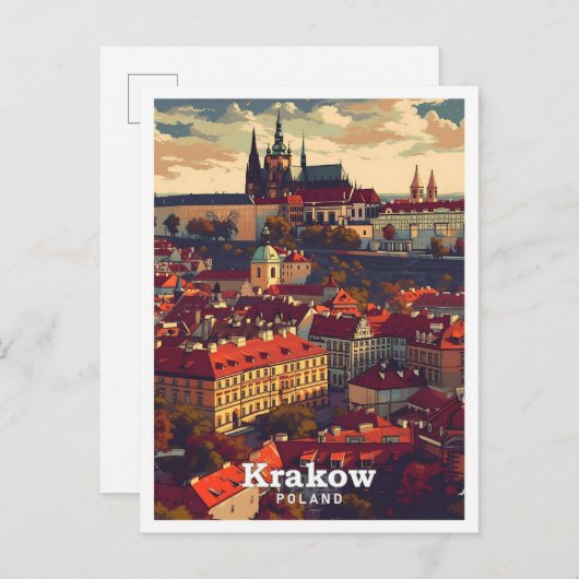 Krakau Polen Vintage Kunstreise Illustration Postkarte (Vorne/Hinten)