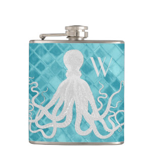 Krake auf Aqua-Seeglas-Monogramm Flachmann
