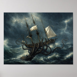 Kraken greift Schiff Steampunk an Poster