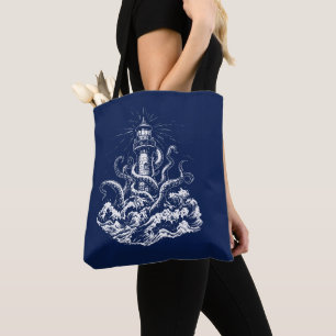 Kraken-Illustration, der einen Leuchtturm verschli Tasche