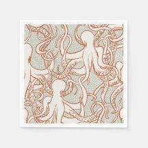 Kraken-Linienkunst | Servietten (Orange & Grau)